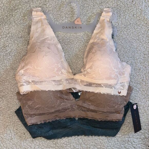 Danskin Large Lace Bralette 3 Pack - Light Pink Brown Dark Gray Women’s NWT - Picture 1 of 4